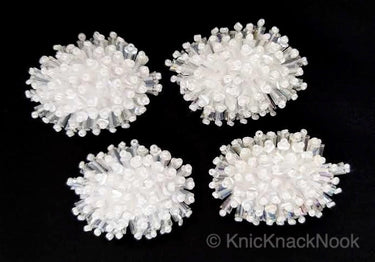Handmade White Beaded Oblong Applique, Sequinned Beads Applique Motif